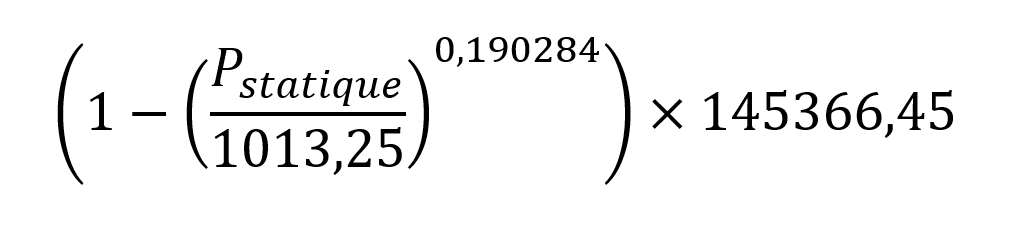 Formule permettant de convertir une pression statique mesurée en une altitude|inline